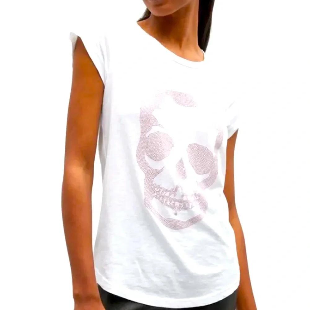 Zadig & Voltaire Skinny Skull Strass White & Pink Tee NWT